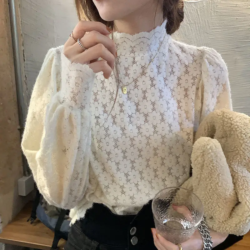 Long Sleeved Semi High Neck Shirt Stylish Autumn New Style Lace Mesh Shirt with Bottom Layer for Women Minimalist Casual Tops