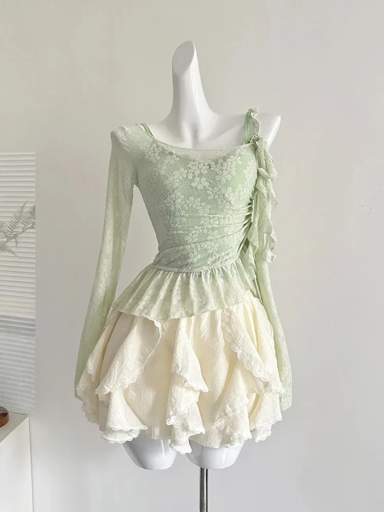 

Sweet 3 Piece Set Women's Tops with Long Sleeves Suit Lace Hollow Out Smock +Elastic Waist Mini Skirt Cute Casual Chic Suits