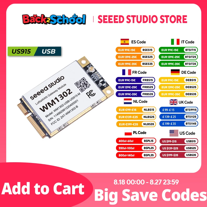 

Модуль шлюза LoRaWAN Seeed Studio WM1302: USB, US915 МГц, SX1262 за исключением