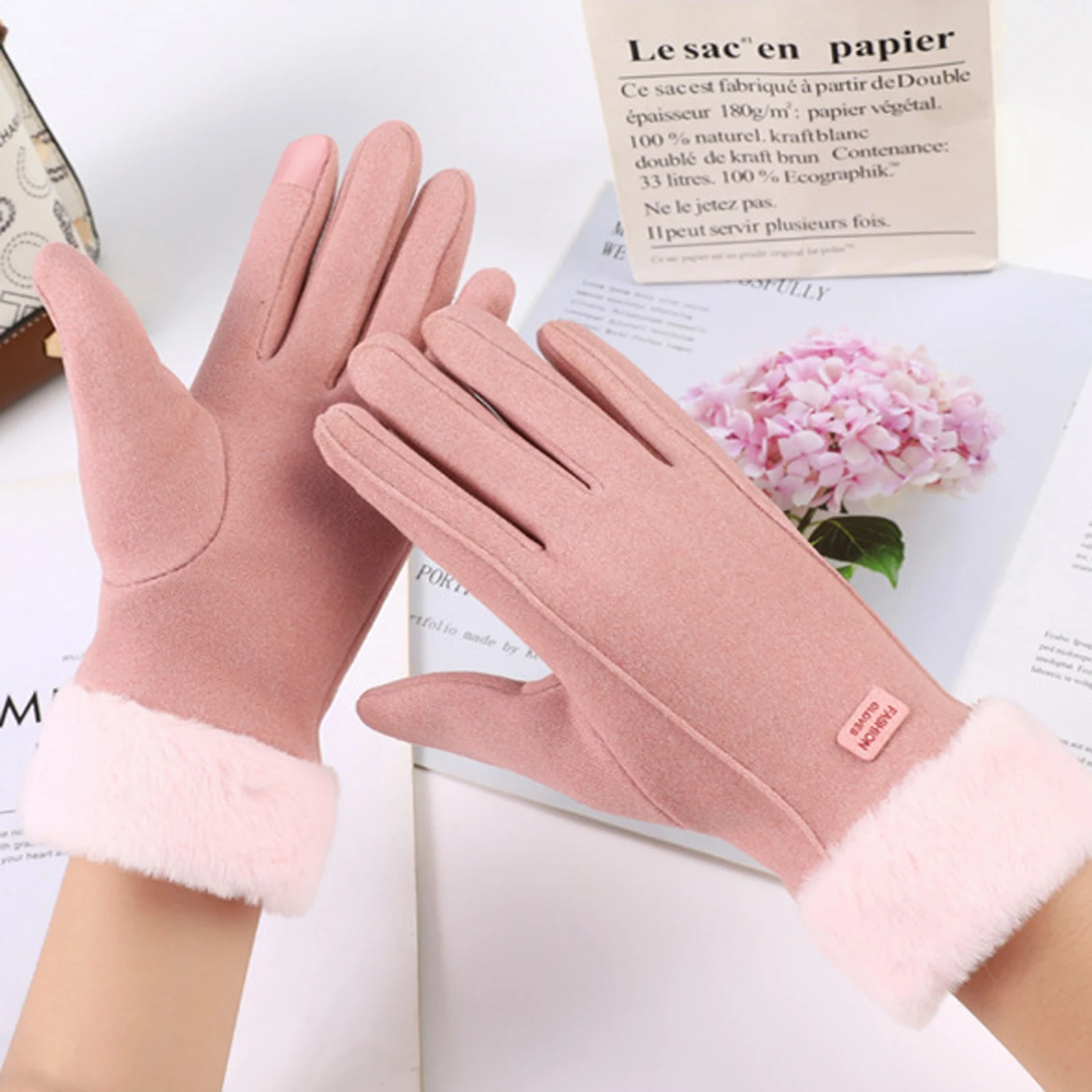 

Женские розовые зимние перчатки, теплые водонепроницаемые ветрозащитные утолщенные уличные велосипедные перчатки с флисовыми манжетами, дизайн с сенсорным экраном