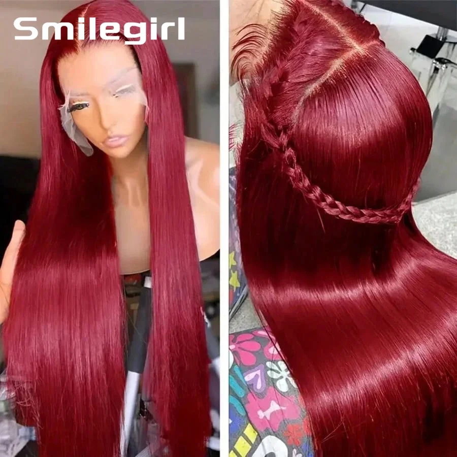 Peluca de Cabello Humano Liso con Encaje Frontal HD 13x6, Densidad 200, Color Borgoña 99J, Pelucas de Cabello Humano 13x4, Cabello Brasileño Rojo para Mujer