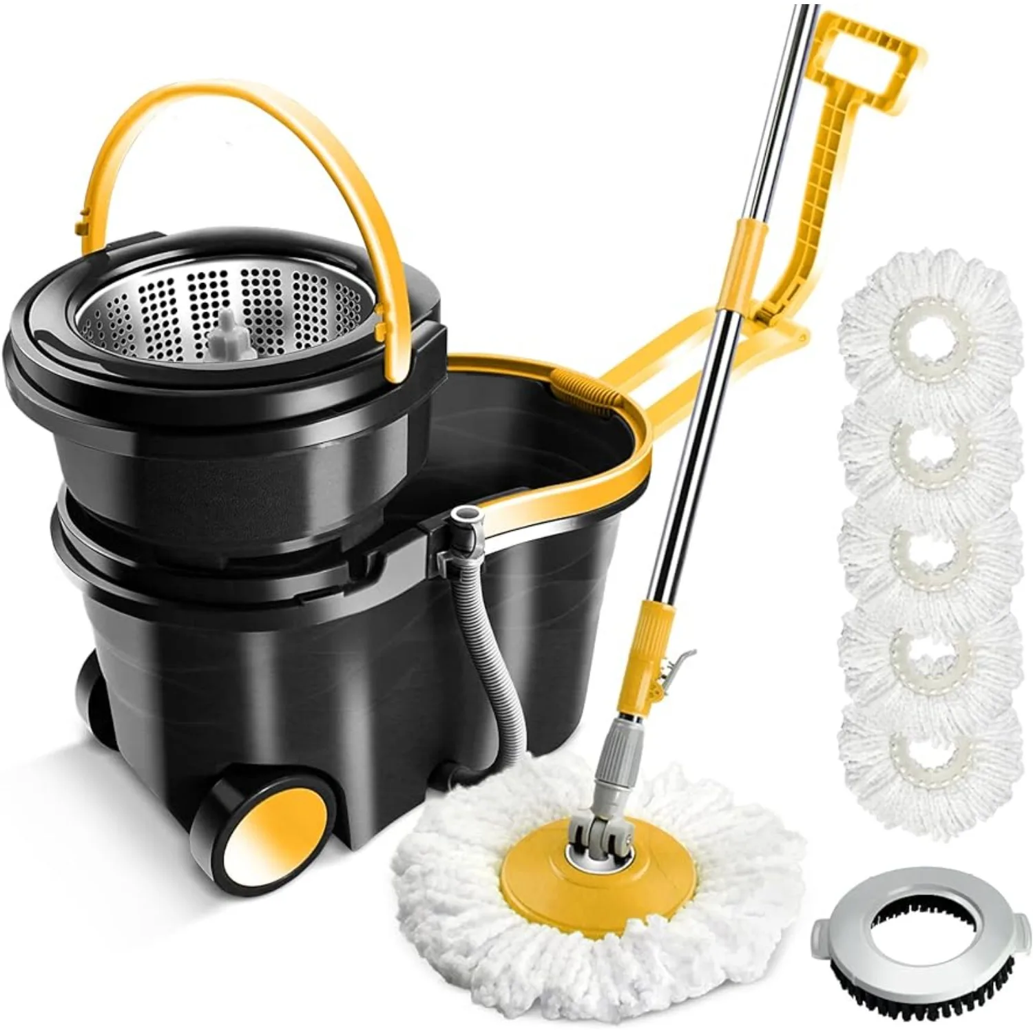 

Spin Mop Bucket with Wringer Set, Floor Mop with 2 Wheels, Stainless Steel Adjustable Handle, 5 Microfiber Washable Mop Refills