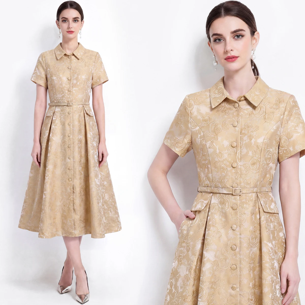 

Elegant High Waist A-Line Dress Women's Summer Single Button Tie Waist Full Skirt Dress for Party Polyester Fiber Short Sleeve