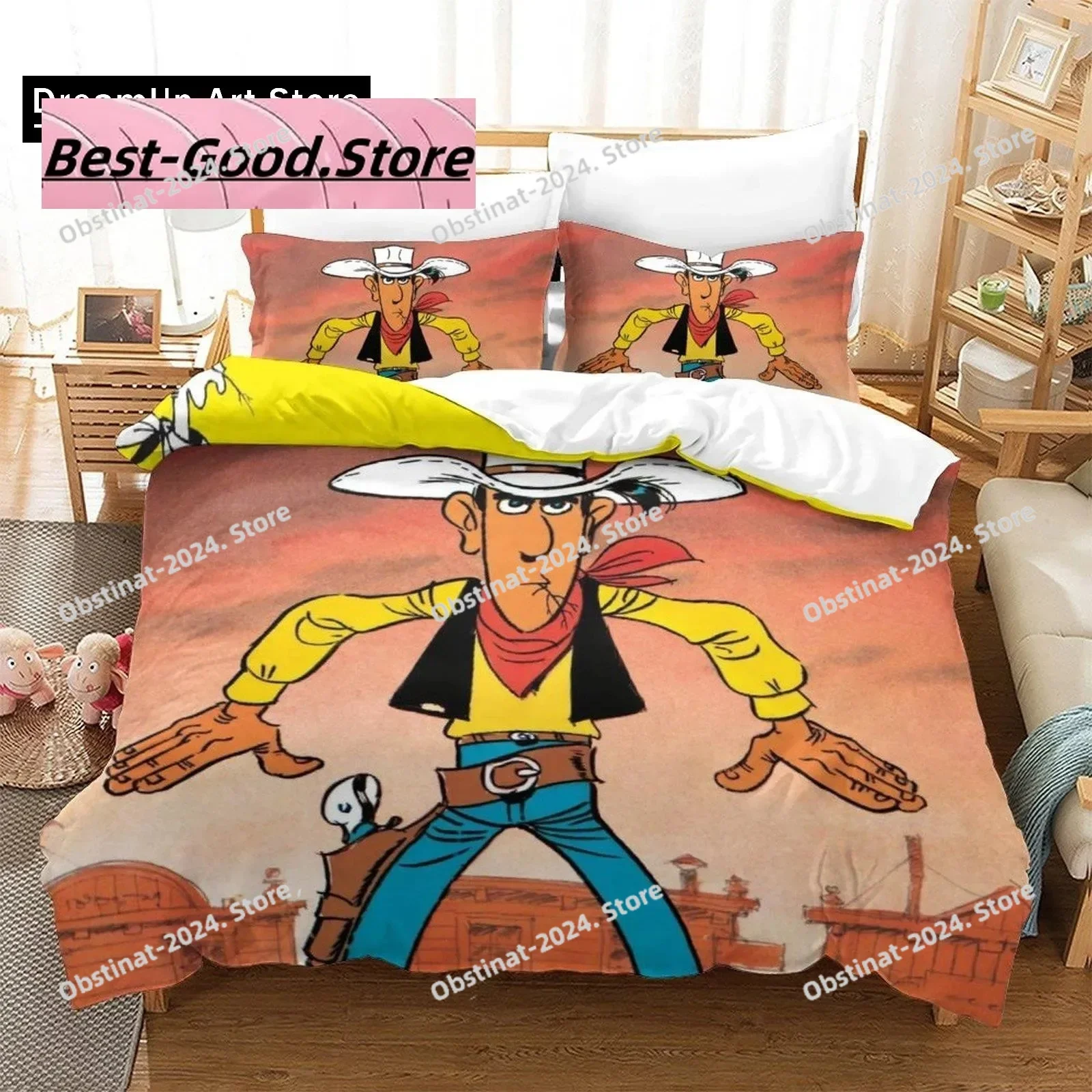 Juego de cama Lucky Luke, juego de cama individual doble, tamaño Queen y King, juegos de funda nórdica para dormitorio de niños y adultos, Sábana de Anime con estampado 3D
