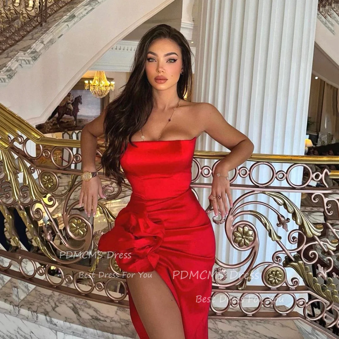 

Sexy Red Prom Dresses Strapless Side Split Ruched Formal Occasion Dress For Wedding Party Arabic Women Dubai Gala Special Gowns