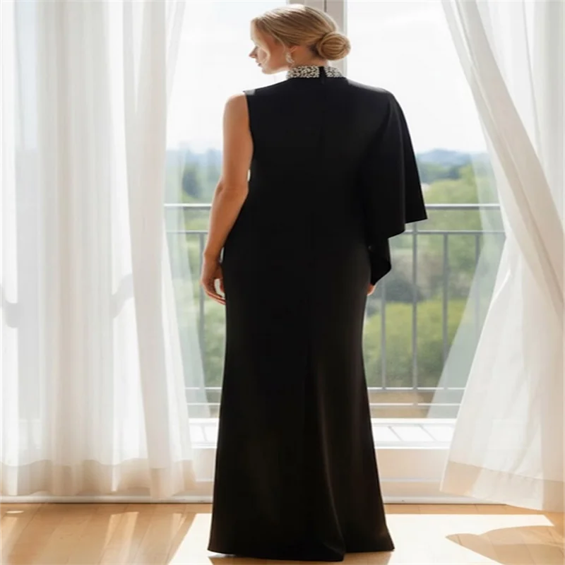 Robe mère de la mariée noire personnalisée, en Satin perlé, épaules dénudées, robes de soirée, longueur au sol