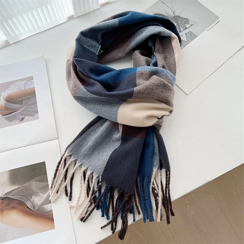 Luxury Japan Korea Style Winter Plaid Cashmere Blanket Scarf With Tassel Poncho Stoles Thick Warm Pashmina Shawl Wraps