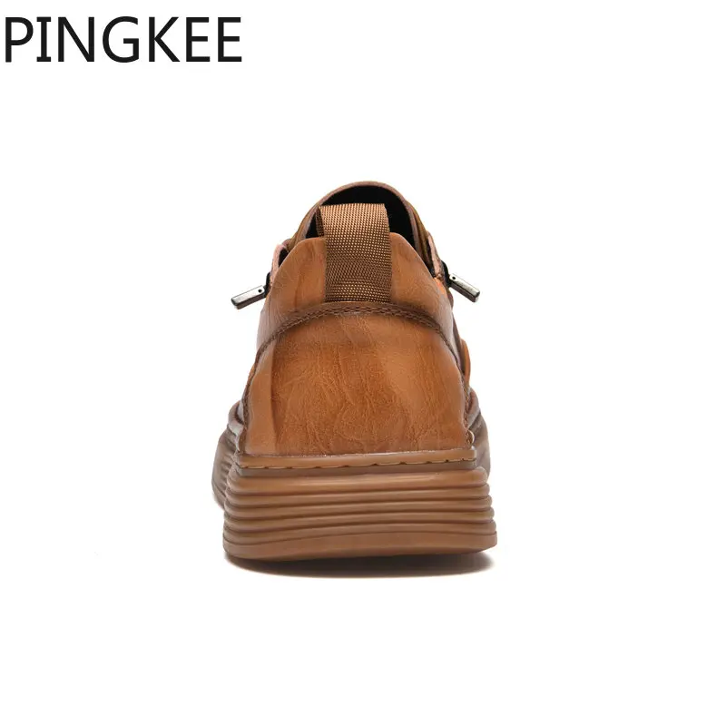 PINGKEE Male Sneakers Cowhide Leather Light Casual Sneaker Comfortable Shoes for Men Breathable Men's Lace Up SneakerS Shoes Men