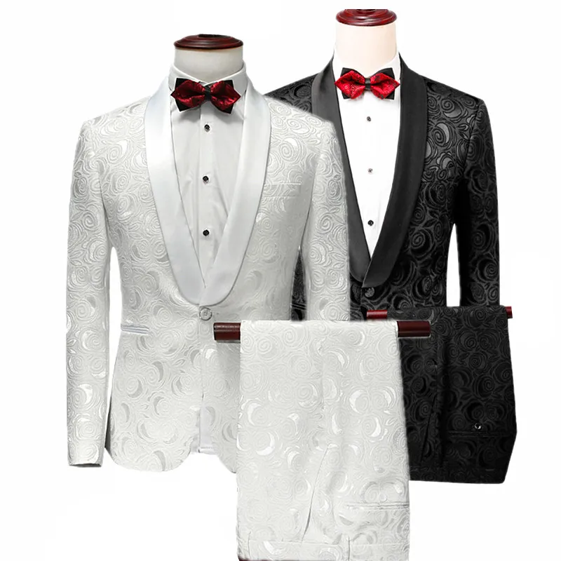 

New Autumn White Men Suit Two-Piece, Wedding Party Jacket and Pants, Asian Size Rose Jacquard Fabric Slim Fit Sets, M-5XL 6XL.