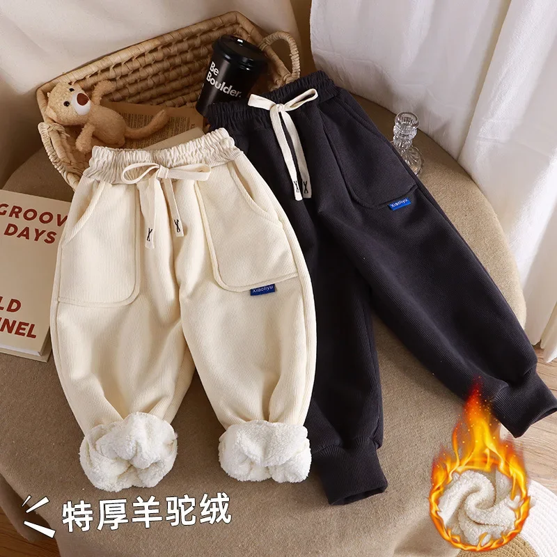 2-6Y New Boys Winter Thick Sweatpants for Girls Casual Pants Boy Student Loose Sports Pants Baby Pockets Kids Trousers