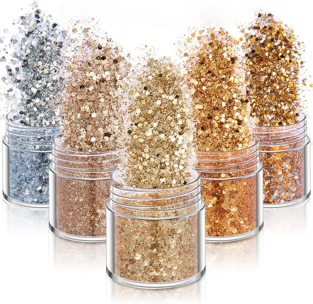 

Holographic Nail Art Glitters Gold Silver 3D Laser Acrylic Nails Powder Dust Flakes 5 Boxes for DIY Manicure Decor