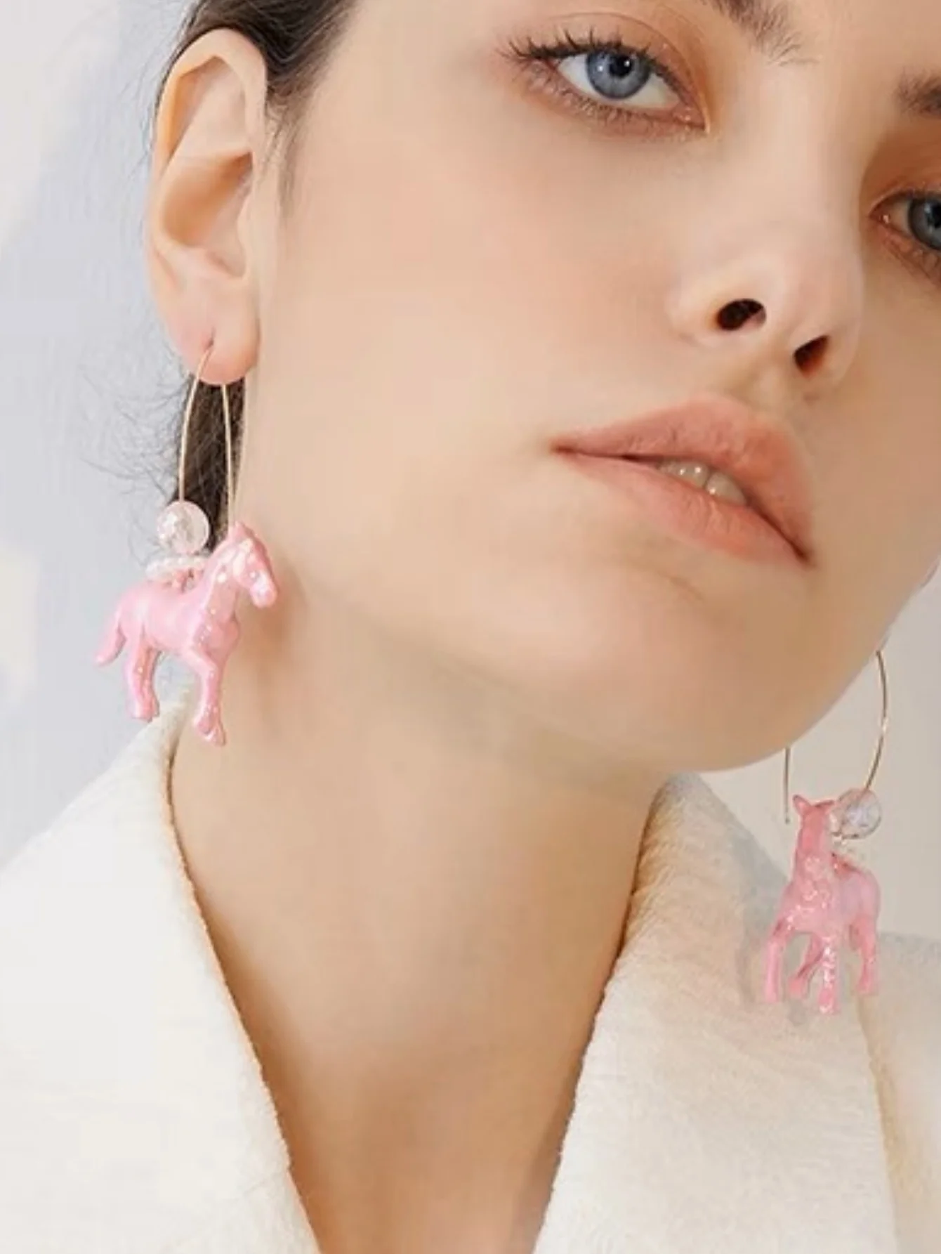 A Pair of Sweet and Lovely Dreamlike Colored Pearl Rose Playful Pink Pony V-hook Earrings