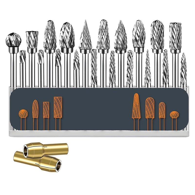 ABNO-20 Pcs Double Cut Carbide Rotary Burr Set 1/8In For Metal Glass Woodworking, Drilling, Polishing Cutting With 2 Collets