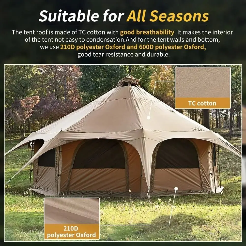 5M Cotton Canvas Bell Tent Yurts with Stove Jack Windproof Breathable Shade Family Camping Travel Group Activities 4 Season