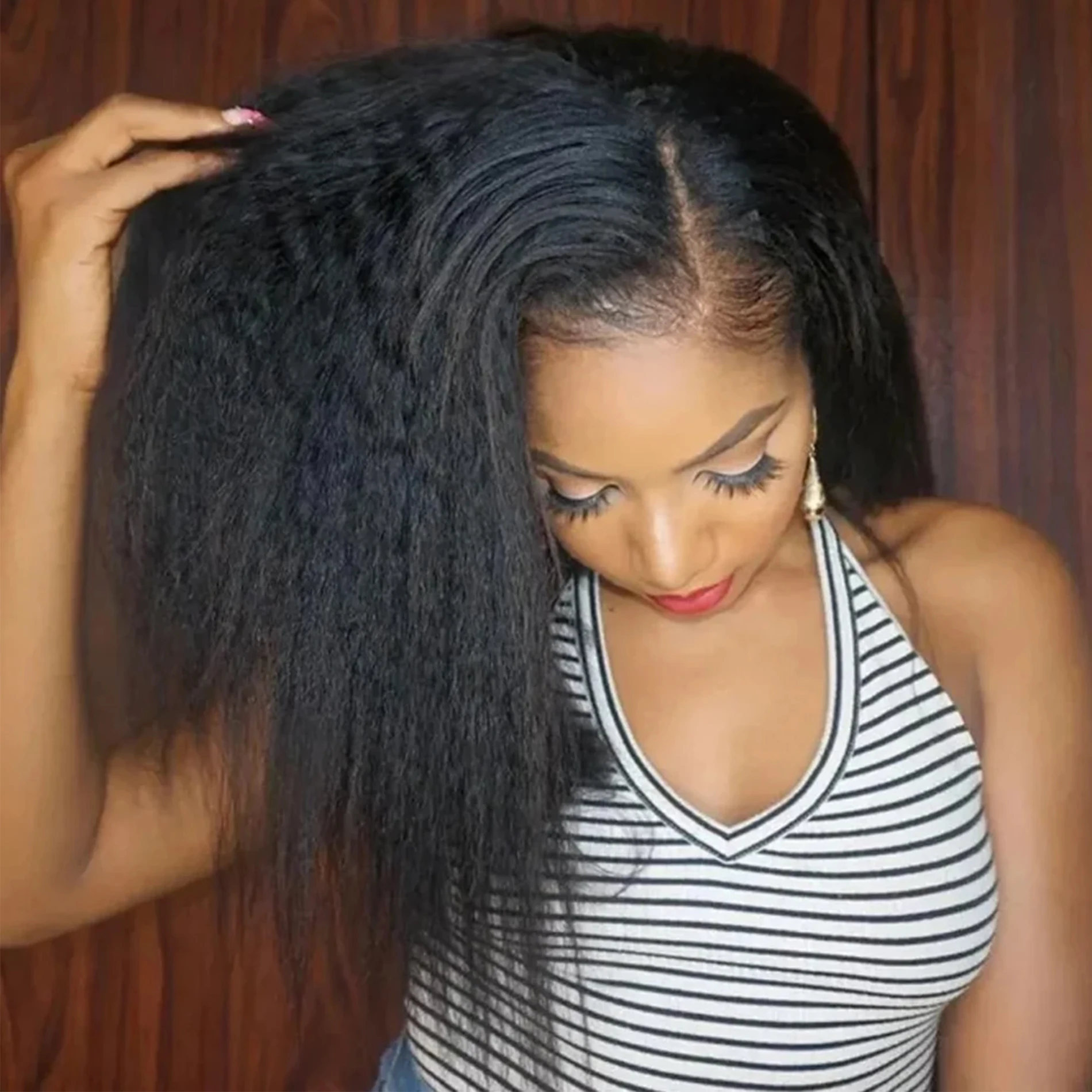 

Kinky Straight 13x6 Lace Frontal Human Hair Wig Brazilian 200% Yaki Straight Natural Black Human Hair Transparent Lace Front Wig