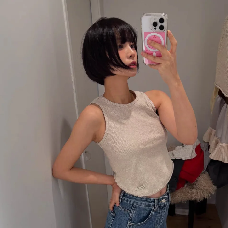 Primavera 2025 coreano Sle redondo Ne encaje Trim Svel chaleco Color puro elegante ort longitud Casual japonés Sle chaleco de mujer