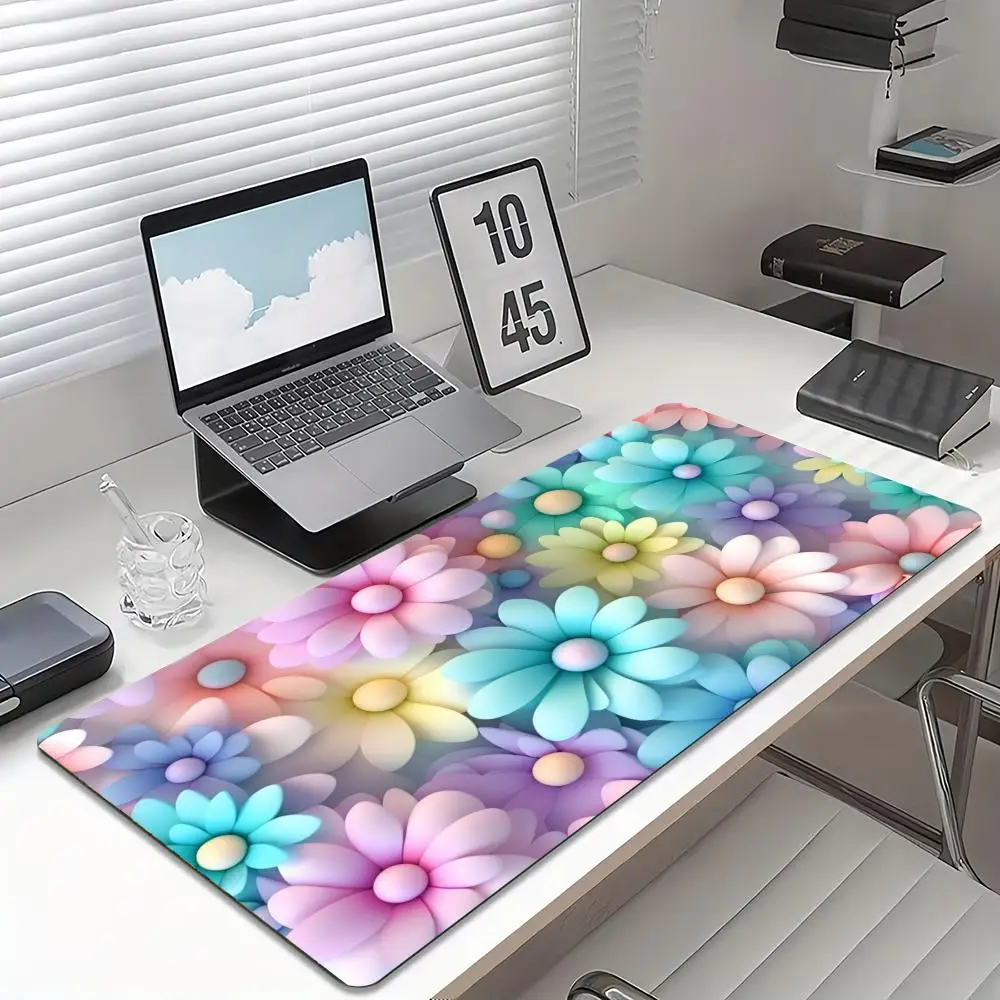 Pastellfarbene Blumen Große Schreibtischunterlage Rutschfeste Gaming-Mausmatte mit Genähtem Rand Bunte Blumen-Tastaturmatte für PC Laptop Büro Schreibtisch