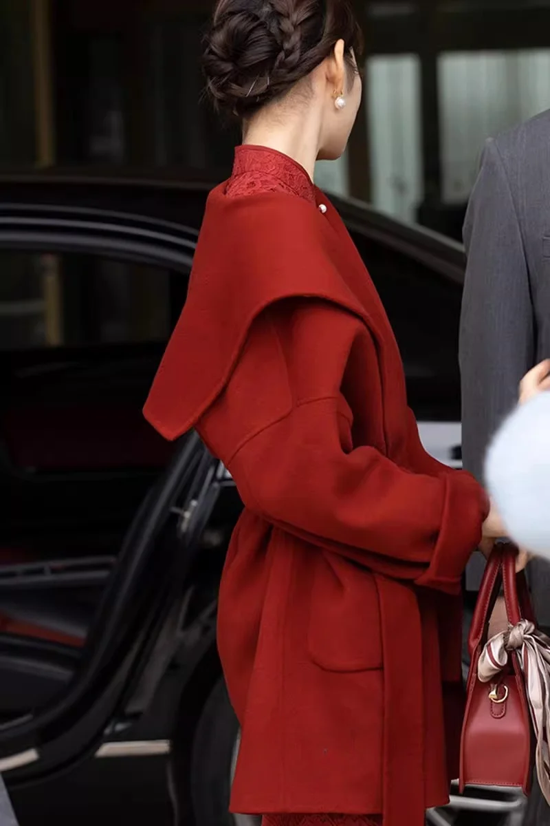 Ele manteau en laine Double face col bleu marine mariage Dr pour ort femmes automne hiver rouge vêtements d'extérieur dame coupe droite