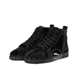 Black Rhinestone Beaded High Top Sneakers Round Toe Flat Casual Shoes Luxury Style Black Suede Fashion Comfort Shoes for Men New