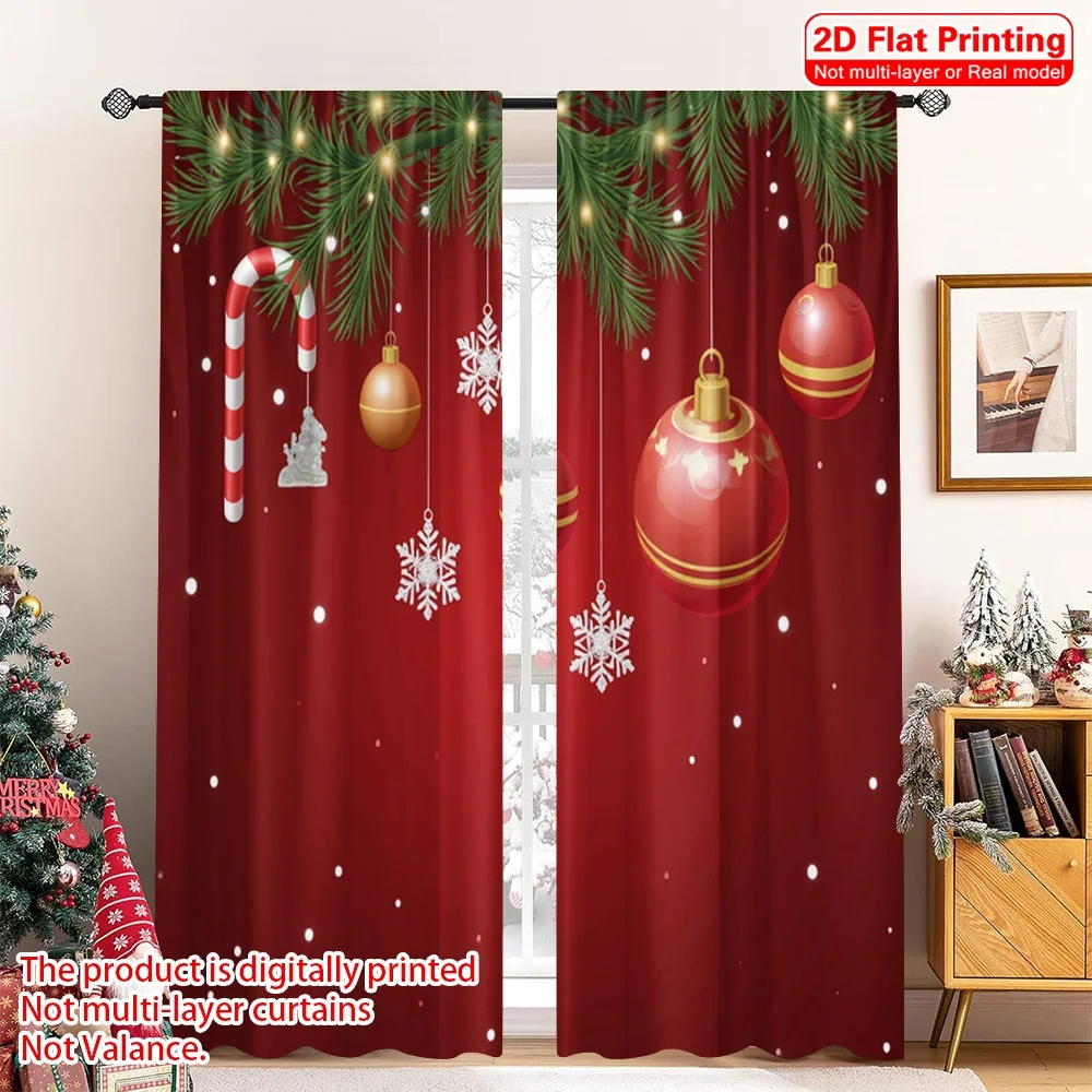 

2pcs 2D flat printing Christmas Window Curtains Christmas ornaments hanging red background 100% Polyester Fabric Without