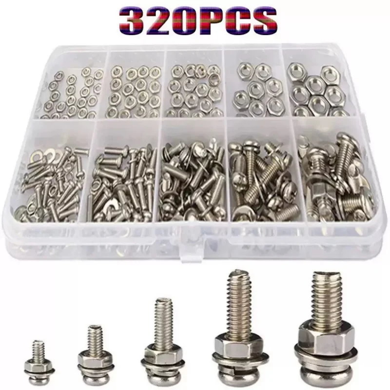 

320pcs Boxed Cross Round Head Bolts Nuts Washers Combination Set M2M2.5M3M4M5
