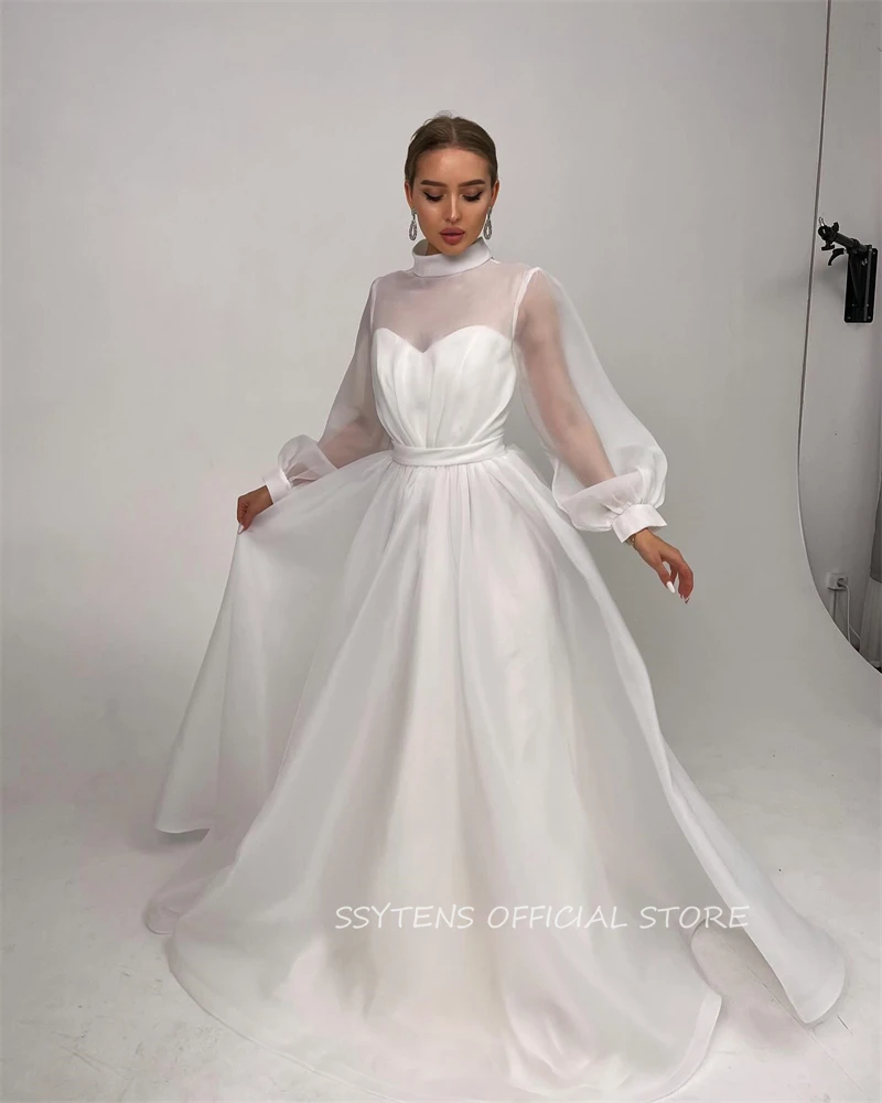 Organza A Line Wedding Dresses Full Sleeves Vestido De Novia Long Bride Dress Princess Gowns Bridal Dress High Neck Custom Made