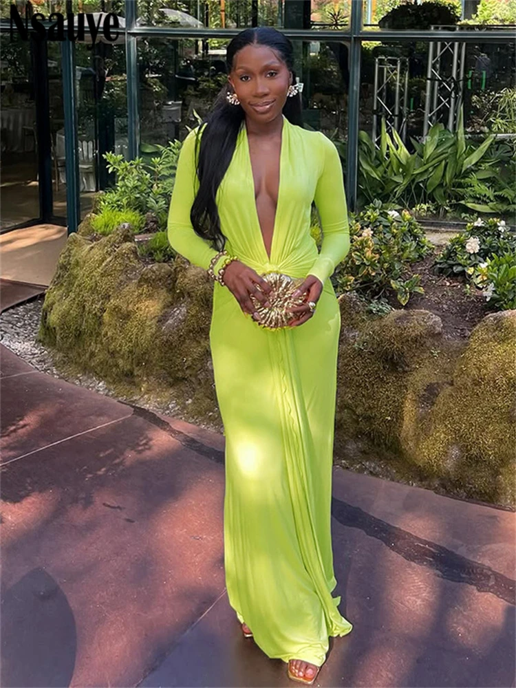 Nsauye Women New Fashion Vintage Elegant Holiday Low Cut Out V Neck Maxi Long Sleeve Dress Sexy Club Party Evening Dress 2025