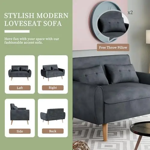 Nowoczesna sofa dwuosobowa z pikowaniem, model Century Linen, z poduszkami oparcia i zwężanymi nogami, ciemnoszara, 47 cali.