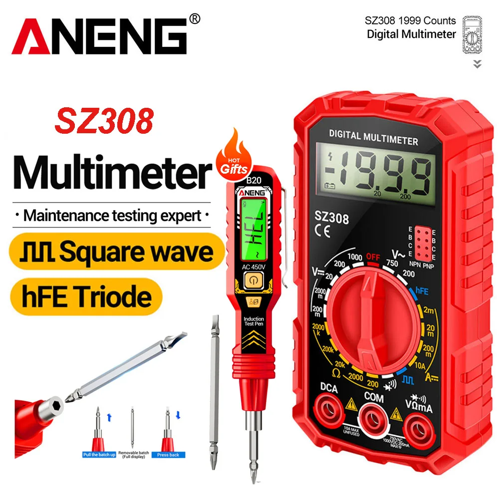 

Цифровой мультиметр ANENG SZ308 для измерения переменного/постоянного тока, определения сопротивления и измерения ом-сопротивлений, с ЖК-дисплеем, для электриков и обслуживания электрооборудования