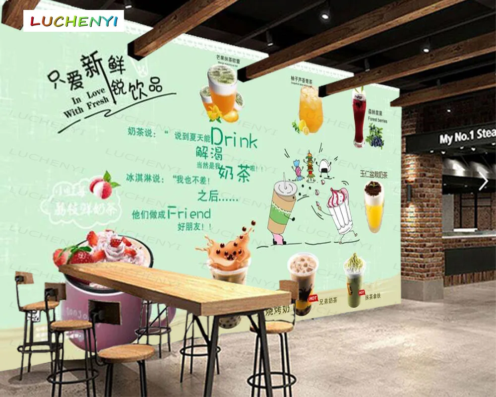 Papel de parede custom green style milk tea 3d wallpaper mural,drink restaurant juice shop dining room wall papers sticker