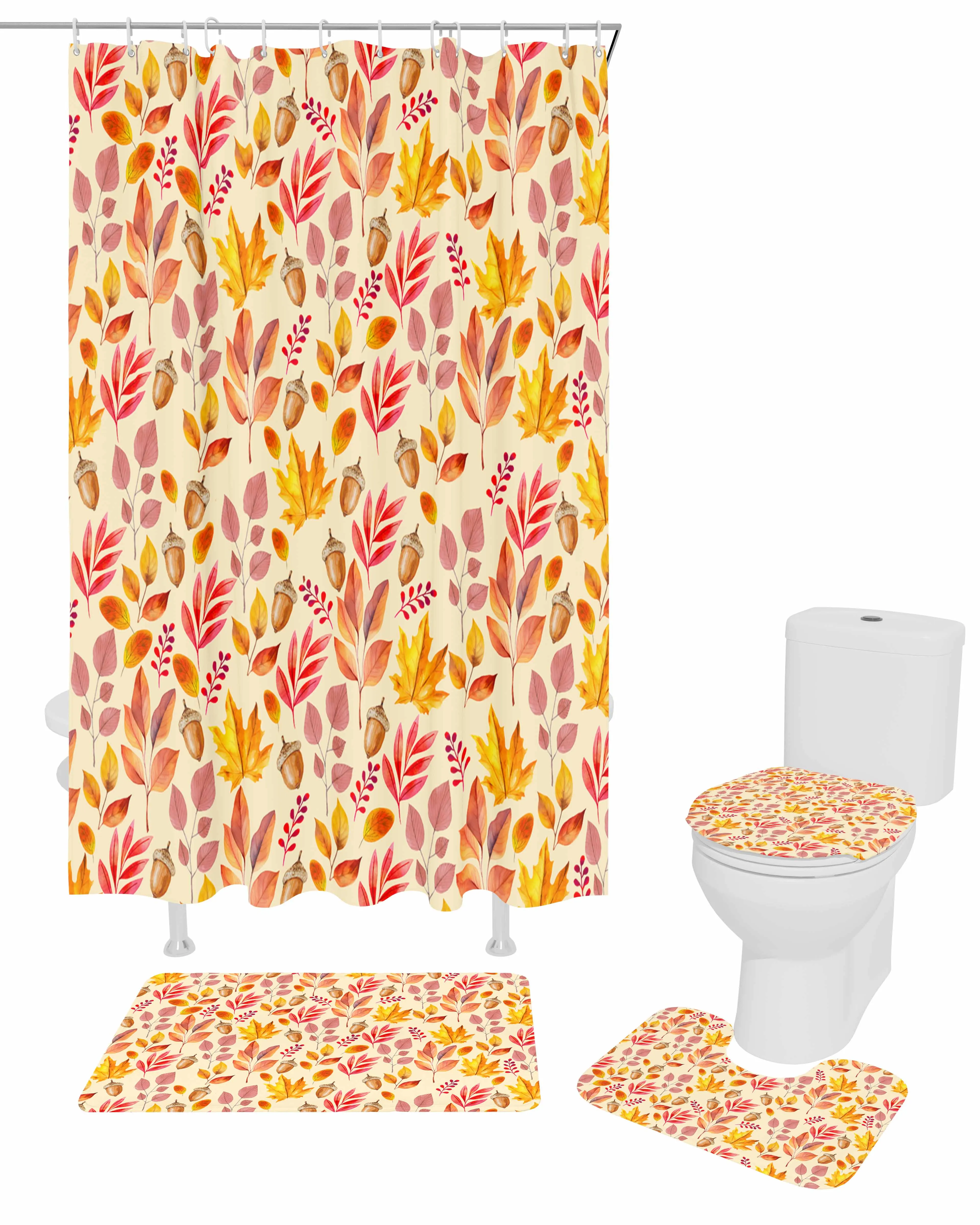 Autumn Maple Leaves Polyester printed shower curtain bathroom set,luxurious curtainsabstract 4-piece setcoral fleece floor mat