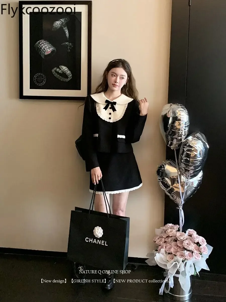 French Rich Family Daughter Elegant Suit Female Autumn Black Miu Doll Collar High-grade Coat Two Piece Sets Womens Outifits