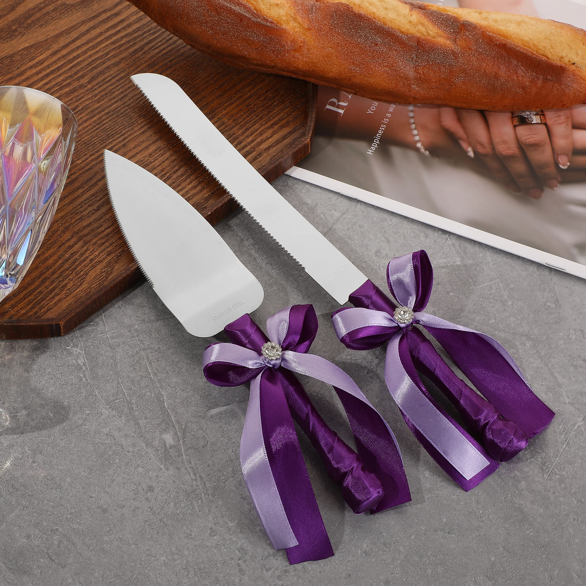 Juego de cuchillos para pastel morado de boda romántica, diseño Simple y elegante para ceremonia y celebración, corte de pastel