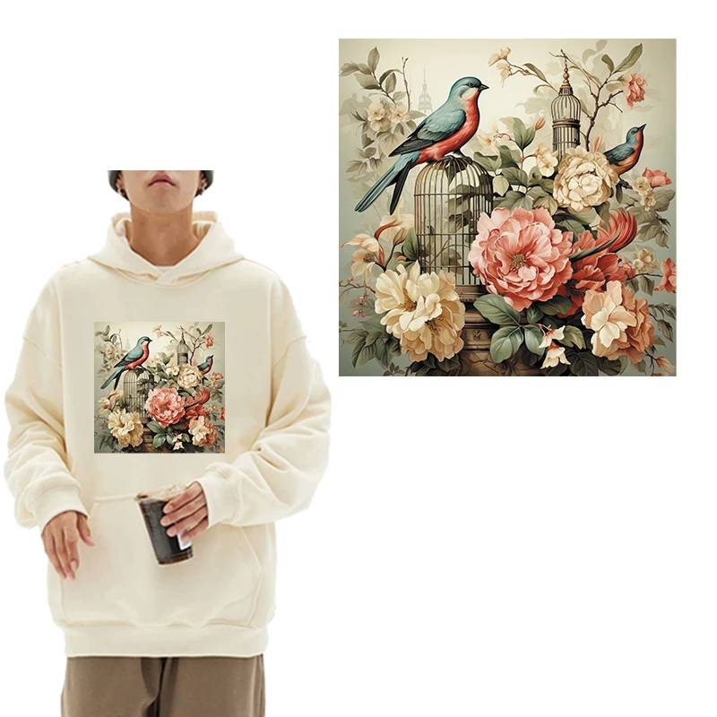 8 types Flower Bird Garden Bird Cage DTF Thermo Sticker Decals Heat Transfer On Clothes Iron On For Hoodies Press Printing