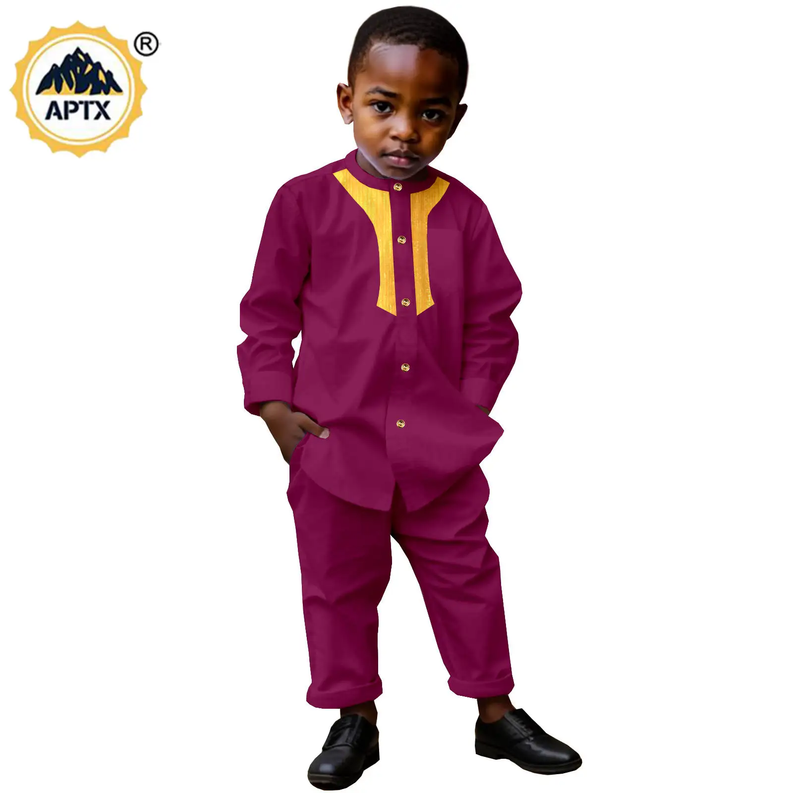 African Boy Clothes Dashiki Kids Children Outfits Bazin Riche Patchwork Bright Silk Top and Pant 2 Pieces Sets Outwear 2446006