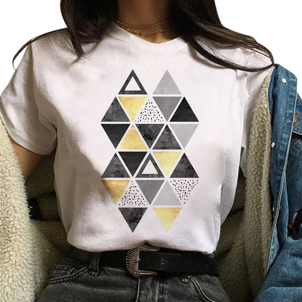 E25 bella geometria stampata T-shirt grafica top Tee carino manica corta magliette femminili