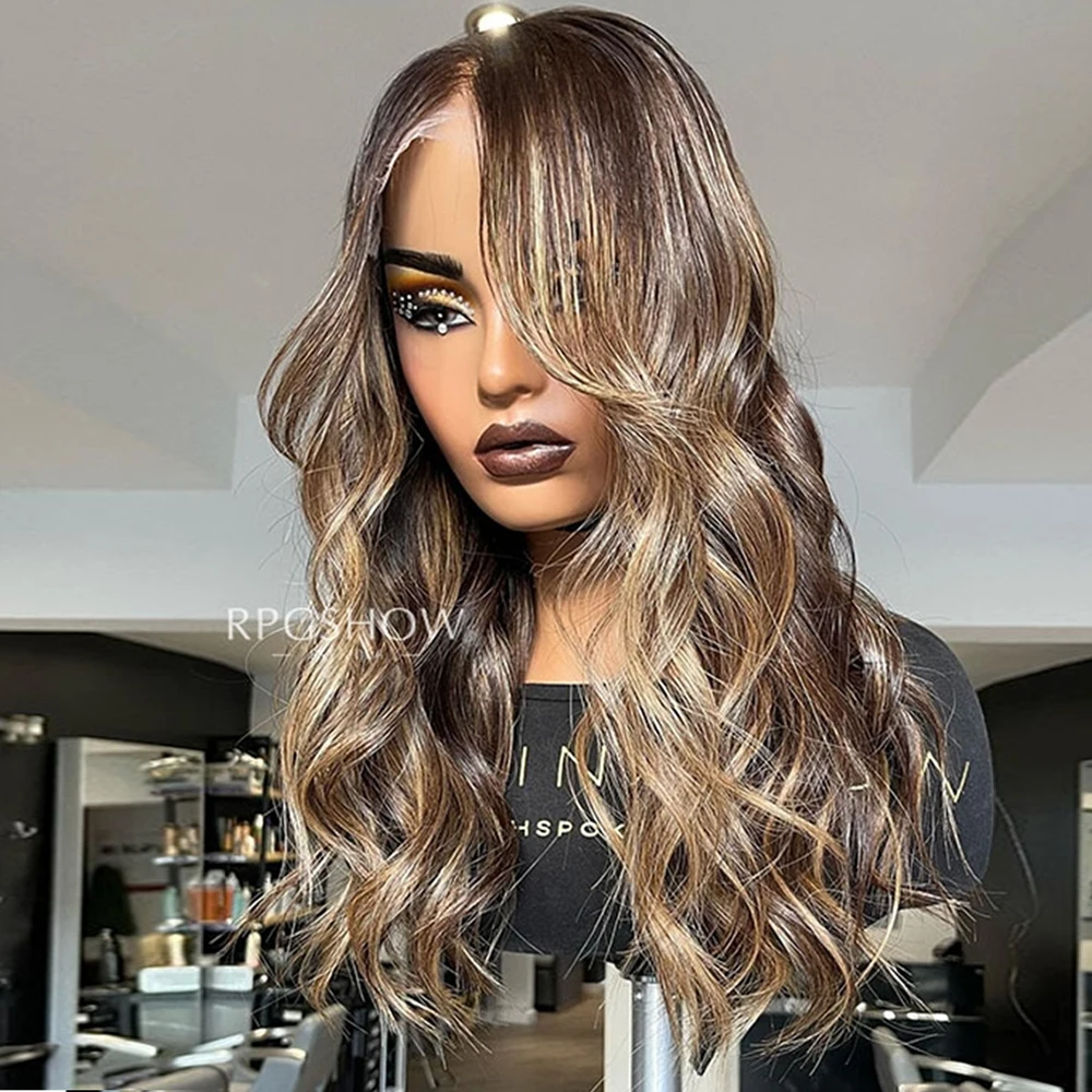 

Синтетический парик средней длины с волнистыми прядями, карамельно-русый балаяж, с максимальной линией роста волос, без клея, с кружевной передней частью, с центральной проборкой, из термостойкого волокна, для женщин