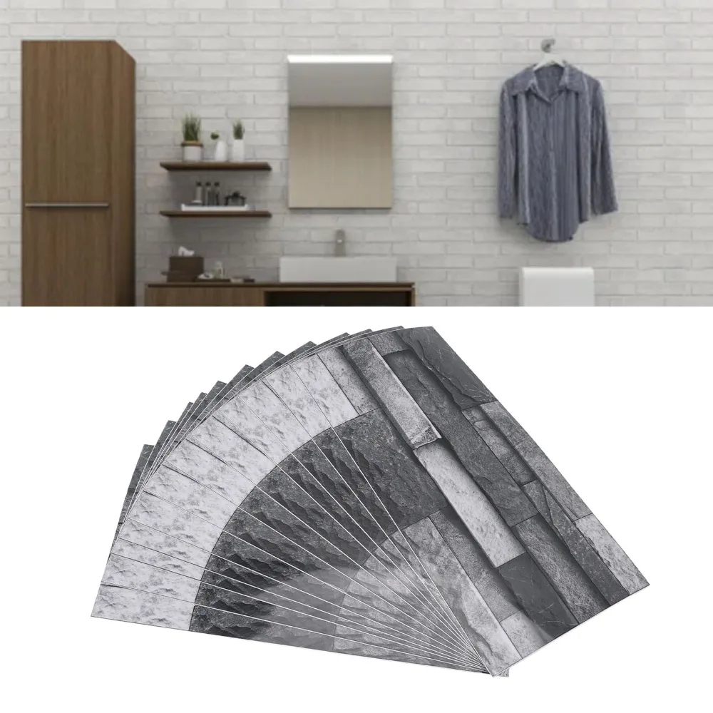 12pcs PVC Wall Sticker Self Adhesive 15x30cm Brick Effect Wallpaper Slab Marble Texture Removable Subway Wall Tile Sticker