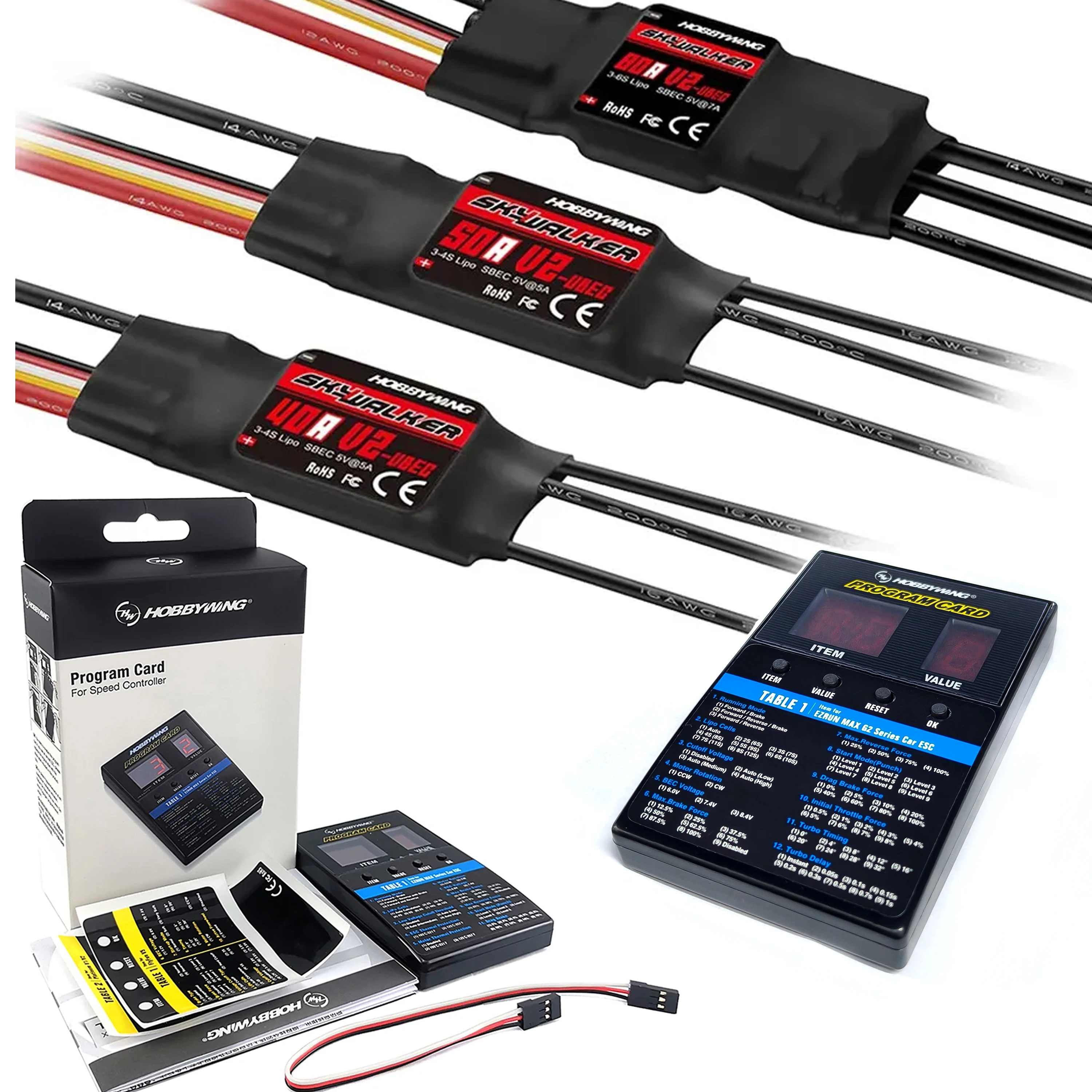 Hobbywing Skywalker V2 20A-100A Brushless ESC Speed Controler 3~6S W/Reverse Thrust Function and LED Program Box For RC Aircraft