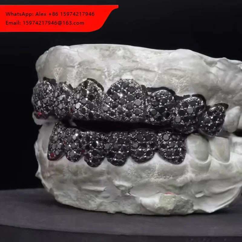 Custom Made Black Moissanite Teeth Grillz Jewelry Vvs Moissanite Diamond Tooth Grillz 925 Silver Iced Out Grillz For Teeth