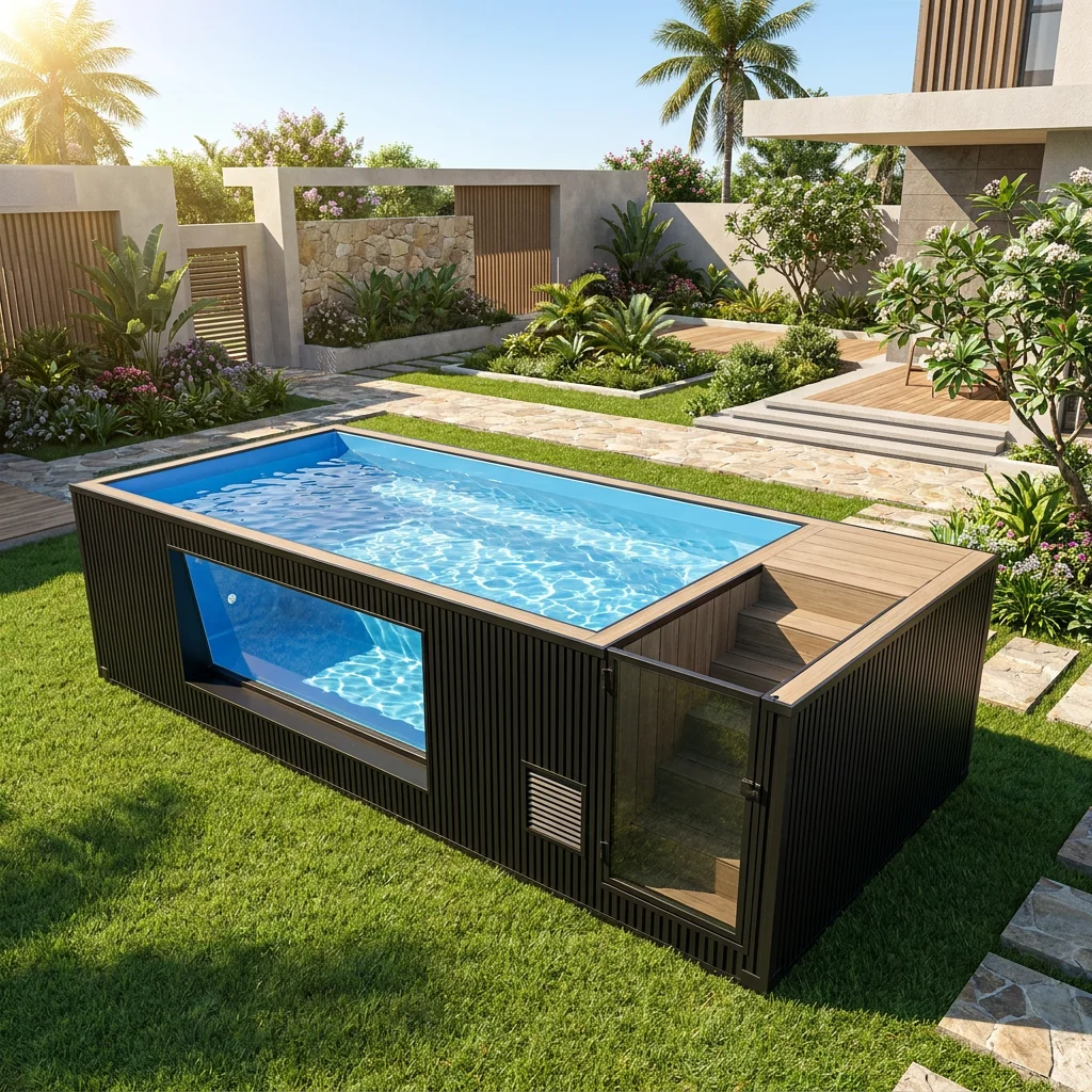 Prefab WPC Clad Container Pool Panoramic Acrylic Window High-end Above Ground Plunge Swimming Pool for Modern Backyard GardenSpa