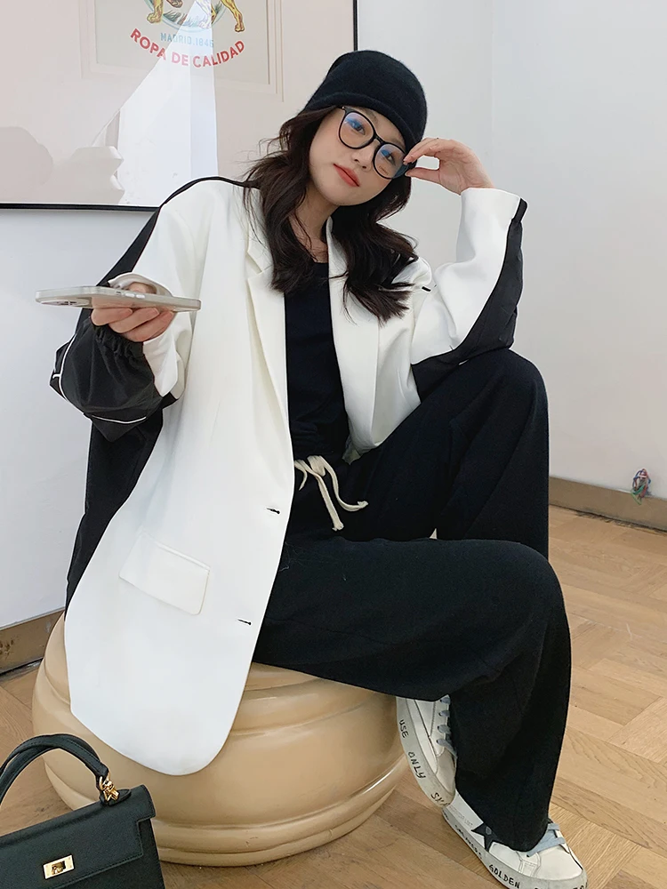 Tannt Women Blazer Black White Color Matching Long Women Blazers And Jackets Vintage Fashion Oversize Winter Jacket 2023 New