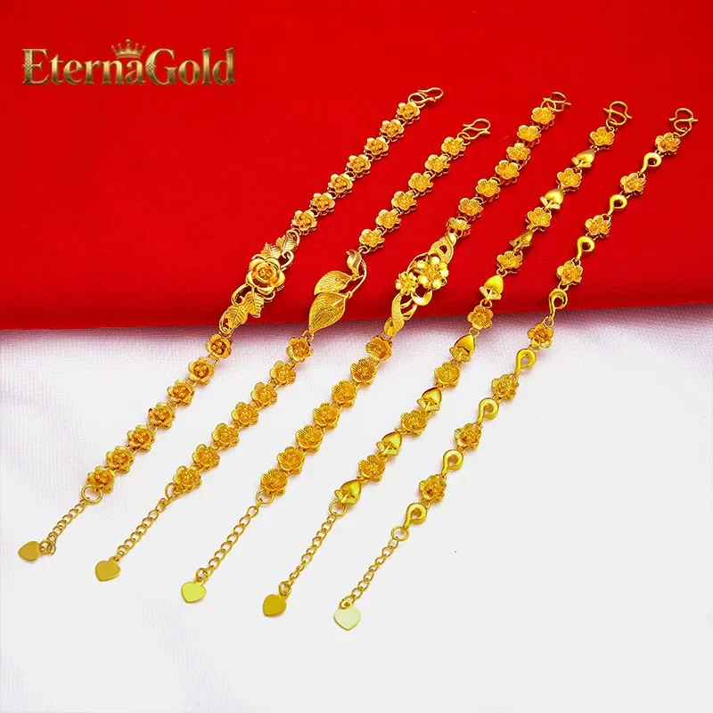 EternaGold  Vintage Single-Row Flower Bracelet for Women, 24K Gold, AU999 | Minimalist petal design with 4MM gold beads, subtle