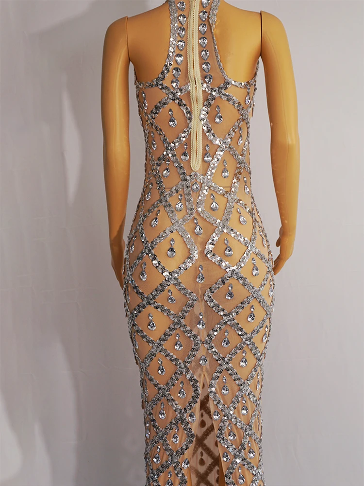 Vestido de sirena con piedras plateadas, ropa sin mangas con cuello Halter, para baile de salón, Festival de noche, fiesta de graduación,
