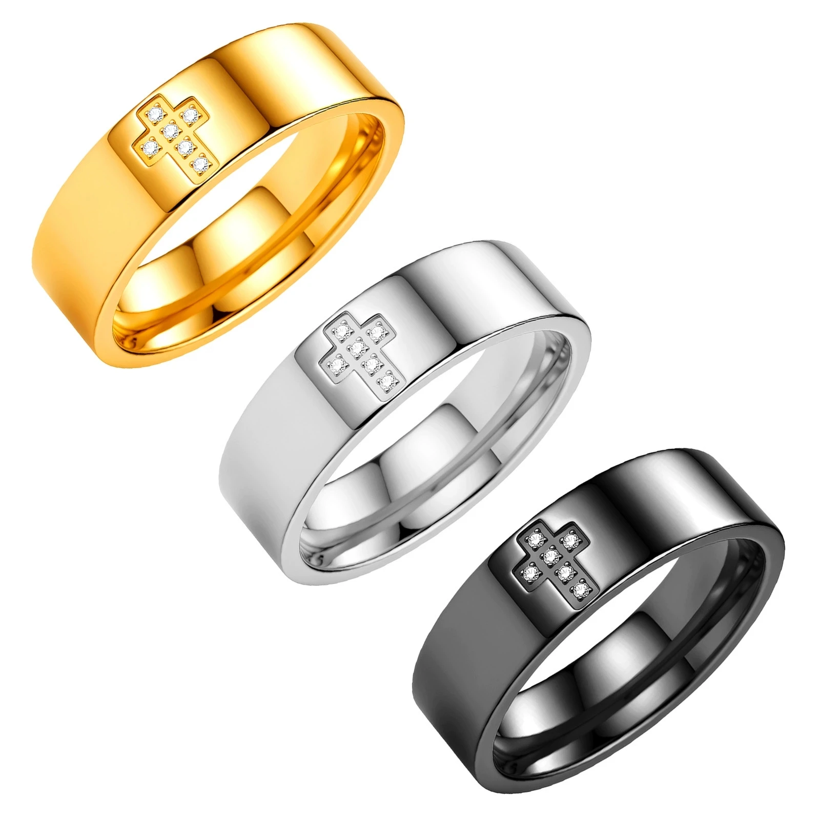 Cross Stainless Steel Rings For Women Men Black Gold Silver Color Female Male White Rhinestone Couple Wedding Bands Jewelry Gift