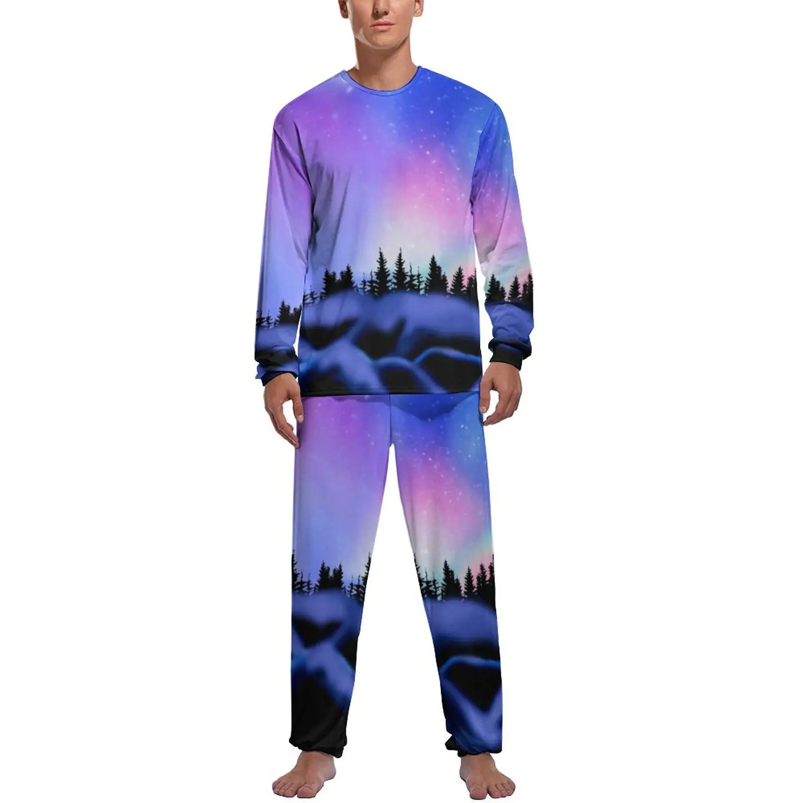 

Mountains Galaxy Pajamas Long Sleeve Northern Dreamy Lights 2 Pieces Aesthetic Pajama Sets Autumn Male Custom Fashion Home Suit