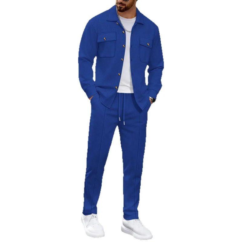 New Cross-border Casual Waffle Solid Color Workwear Jacket Lapel Top and Trousers Two-piece Set Fashion Casual Simple Men's Wear