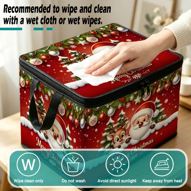 Christmas Santa Claus Reindeer Red Background Foldable Fabric Storage Bin with Lid Festive Cartoon Durable Zipper for Office