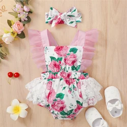 Newborn Baby Girl Bodysuits Sleeveless Floral Lace Jumpsuit+Headband Summer 2PCS Sweet Outfits Birthday Party Wear for 0-2 Age