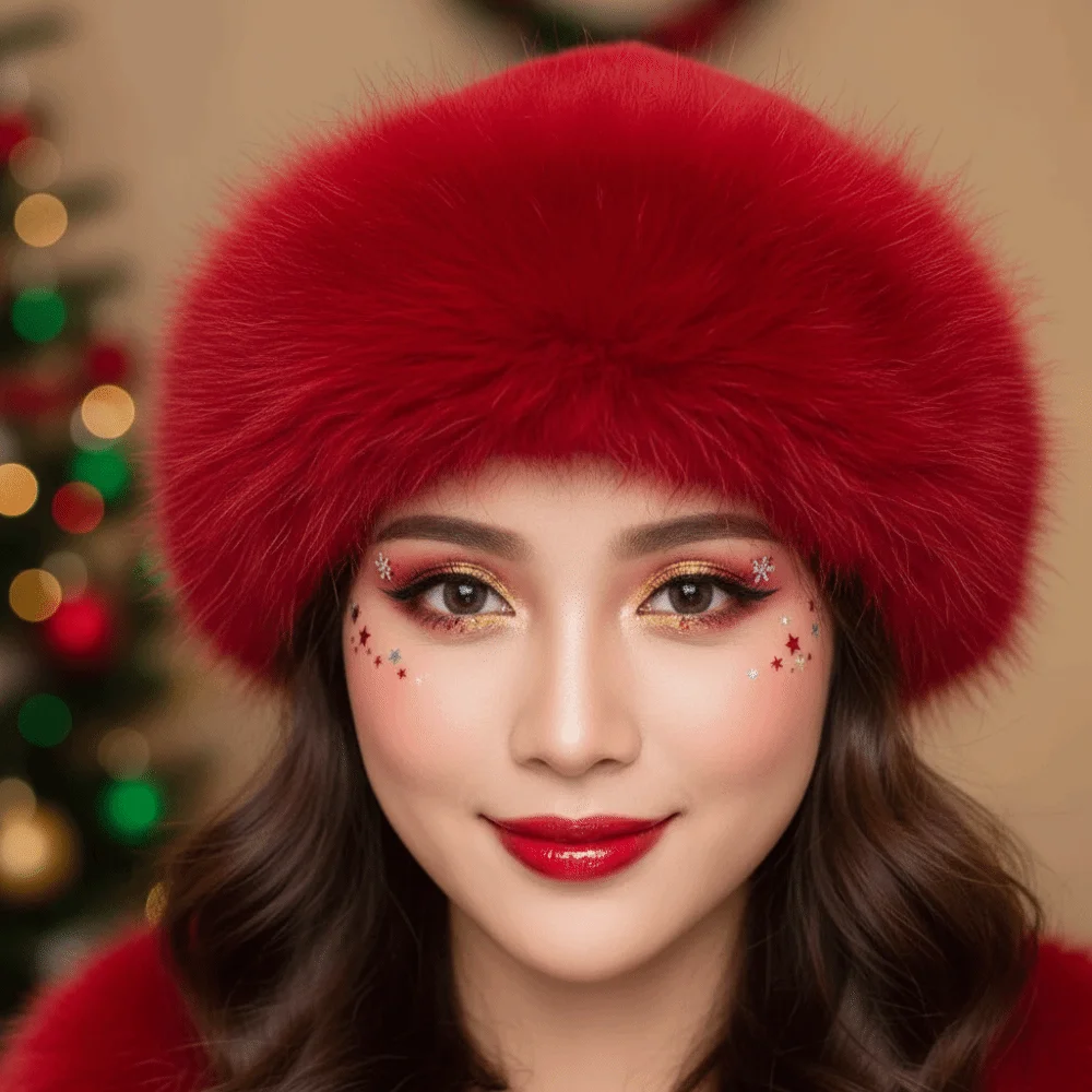 Faux Fur Christmas Fur Hat Round Top Fleece Lined Fluffy Trapper Cap Solid Color Windproof Plush Bucket Hats Winter Outing
